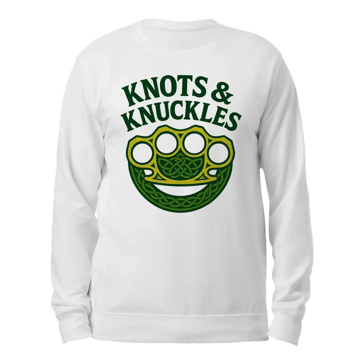 White crewneck sweatshirt with green Celtic knot graphic on the back