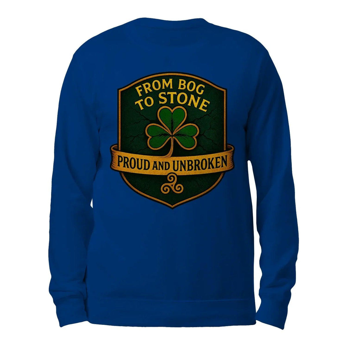 Royal blue sweatshirt with clover badge graphic on back, long sleeves