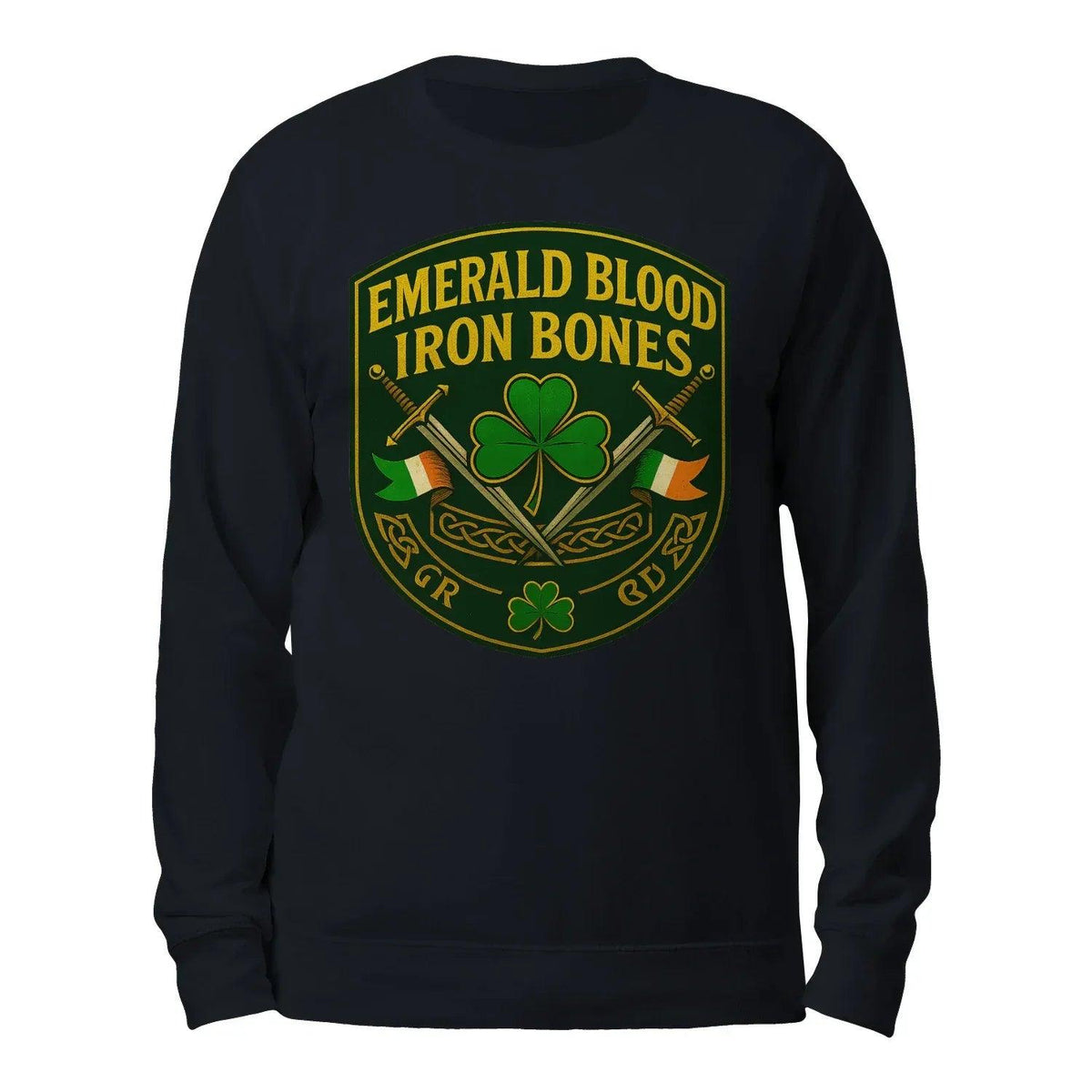 Navy crewneck sweatshirt, back view with circular crest graphic and clover emblem