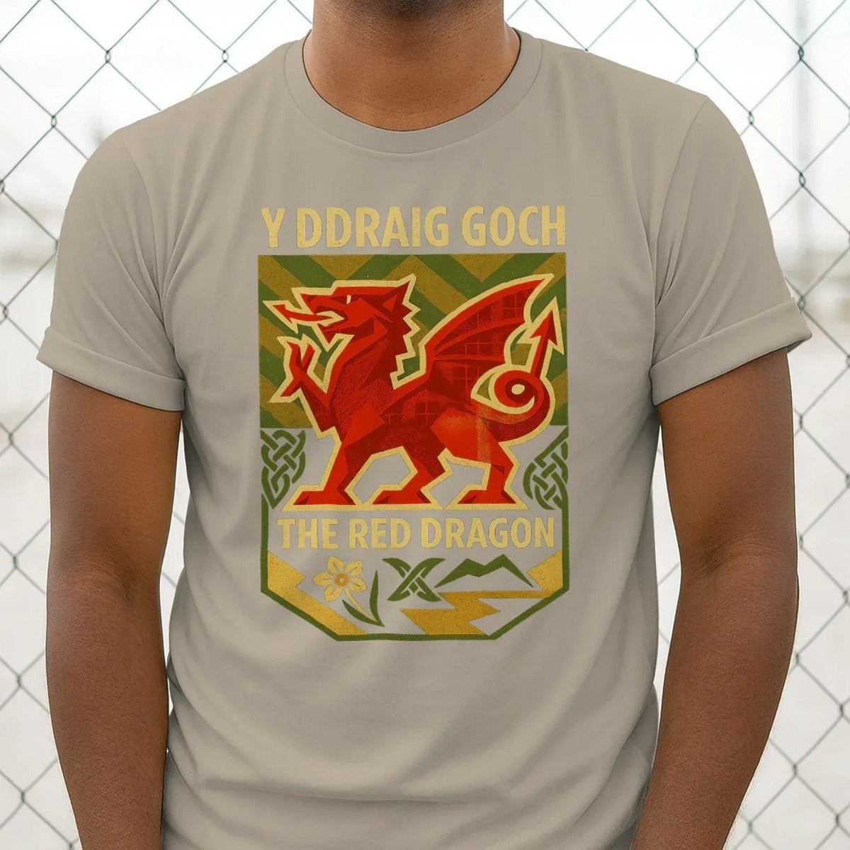 Tan T-shirt with large front dragon crest graphic and bold text print