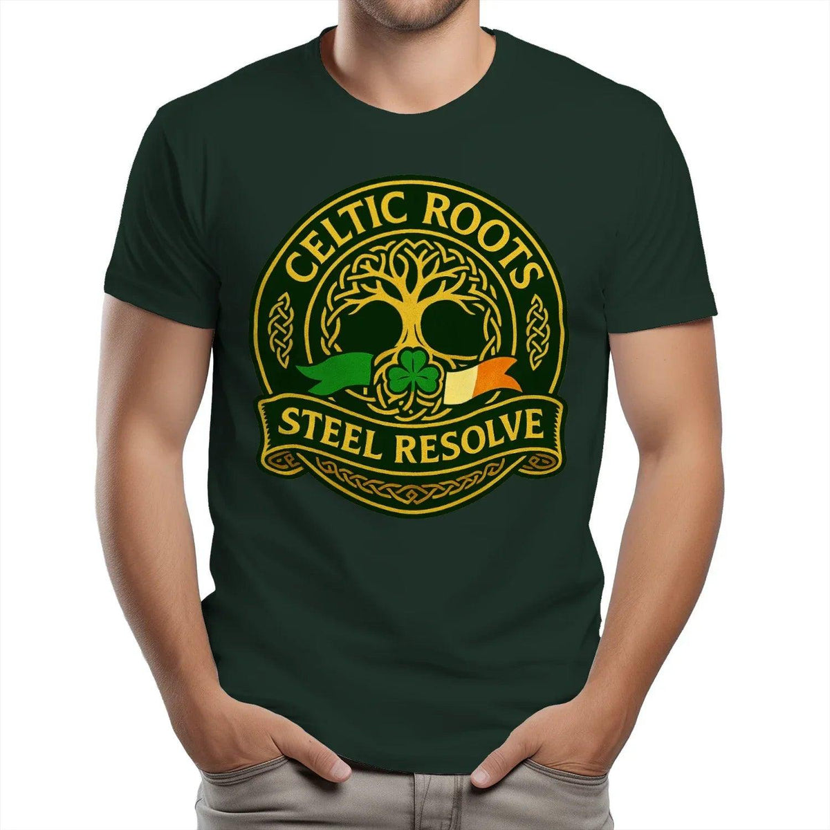 Dark green short-sleeve T-shirt with Celtic Roots Steel Resolve emblem print