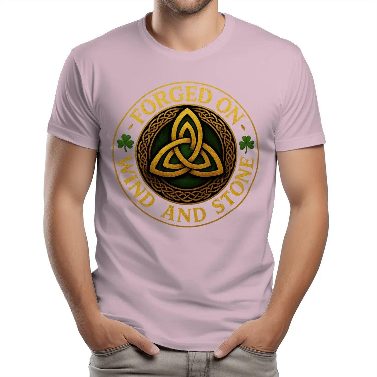 Men's light purple T-shirt with circular Celtic knot emblem on chest