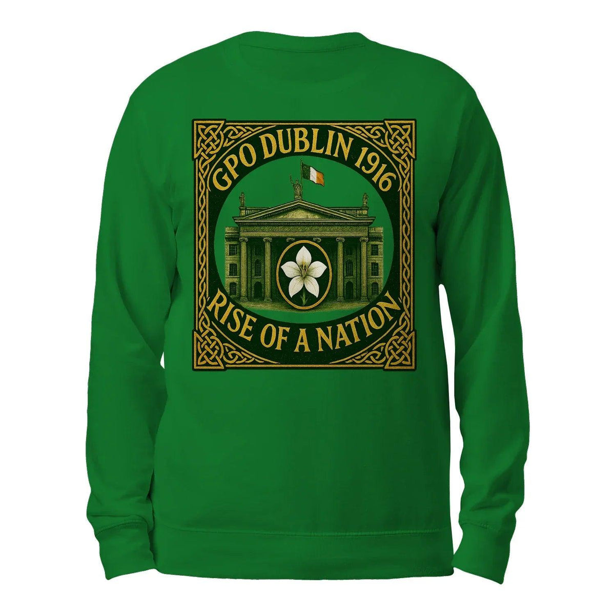 Green crewneck sweatshirt with large front heritage logo graphic