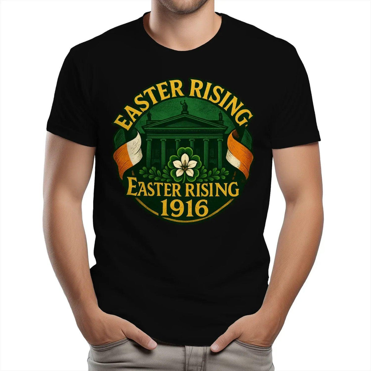 Black unisex T-shirt with green Easter Rising 1916 logo graphic on front