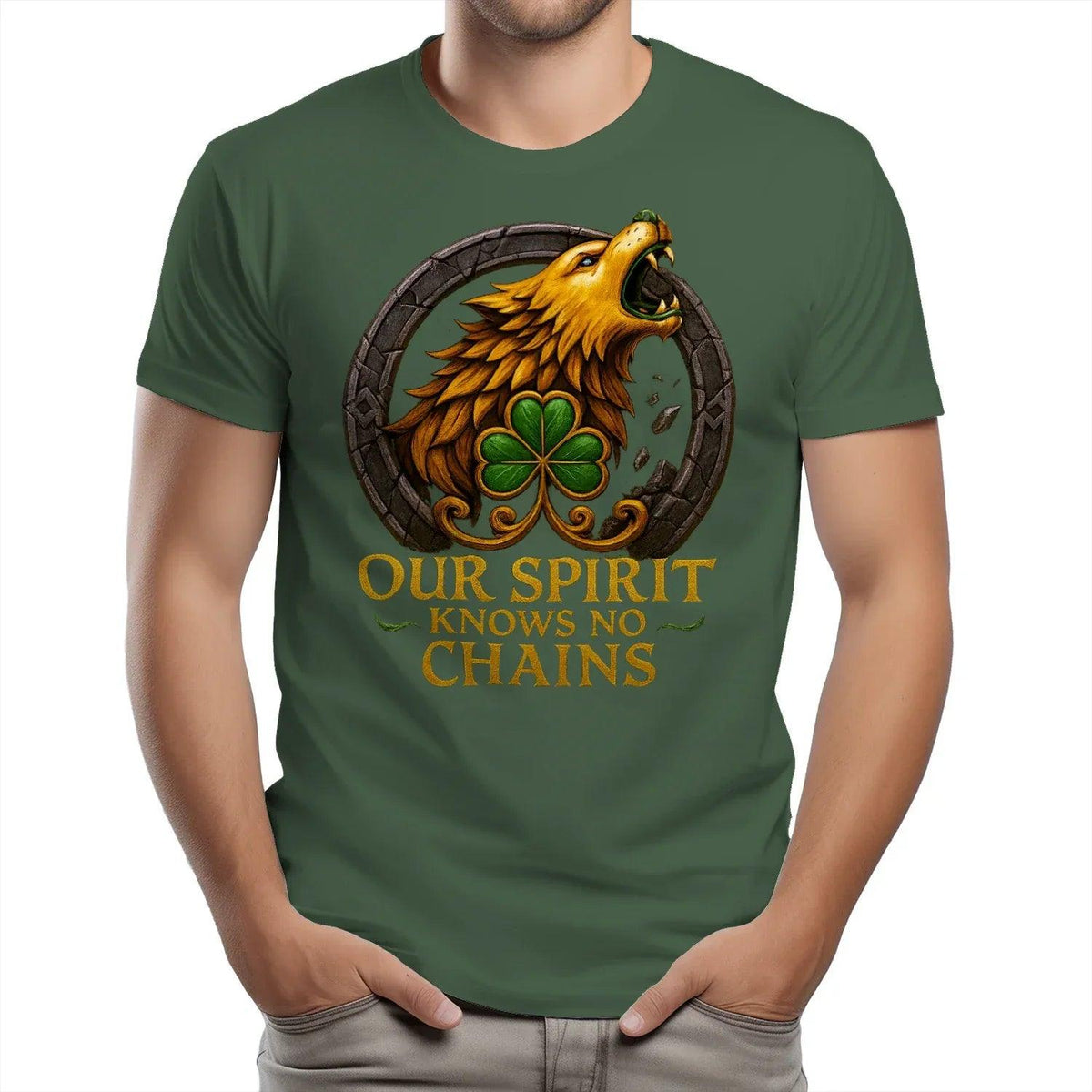 Green crewneck T-shirt with large circular wolf and clover graphic on front