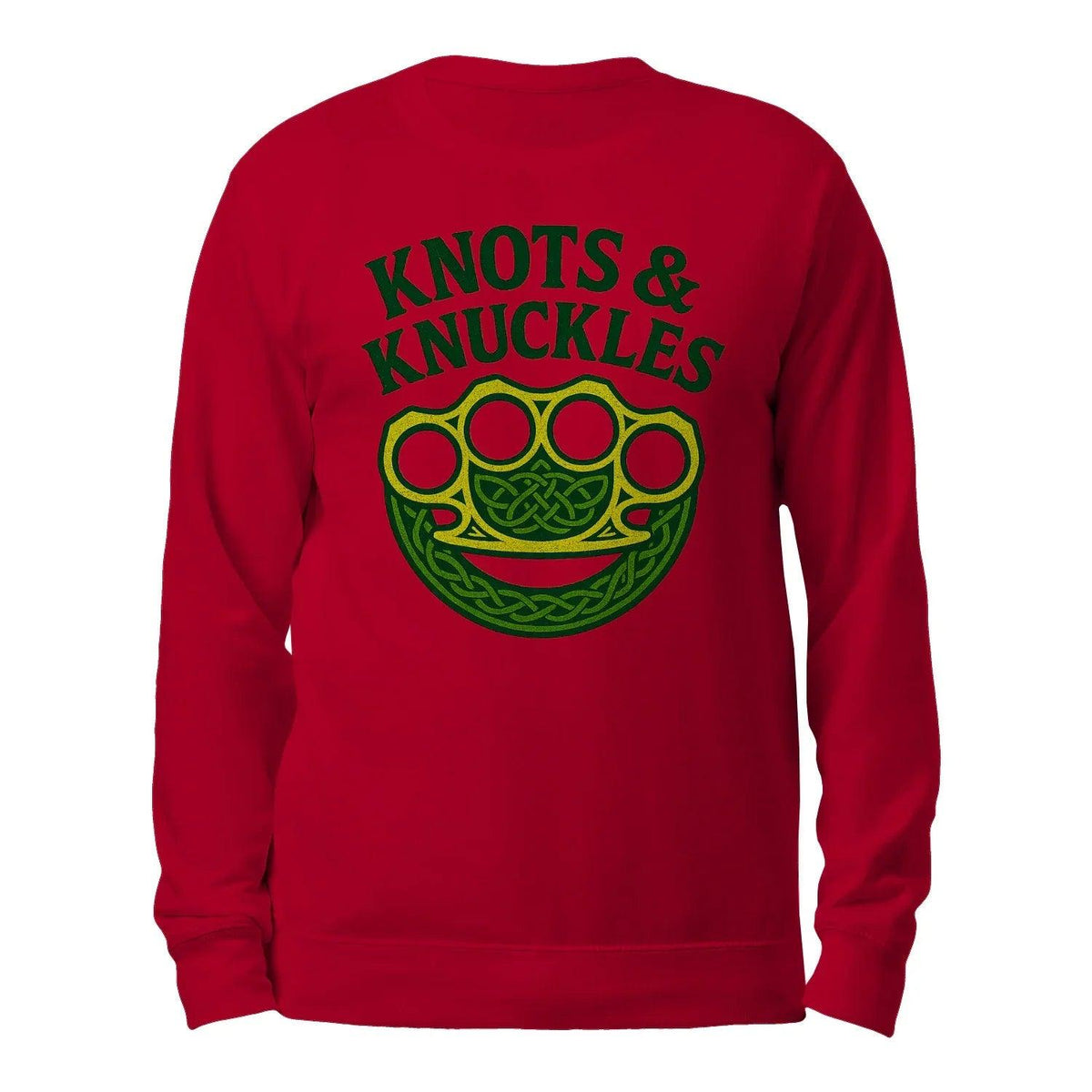 Red sweatshirt back panel with green Celtic knot face graphic, crewneck, long sleeves