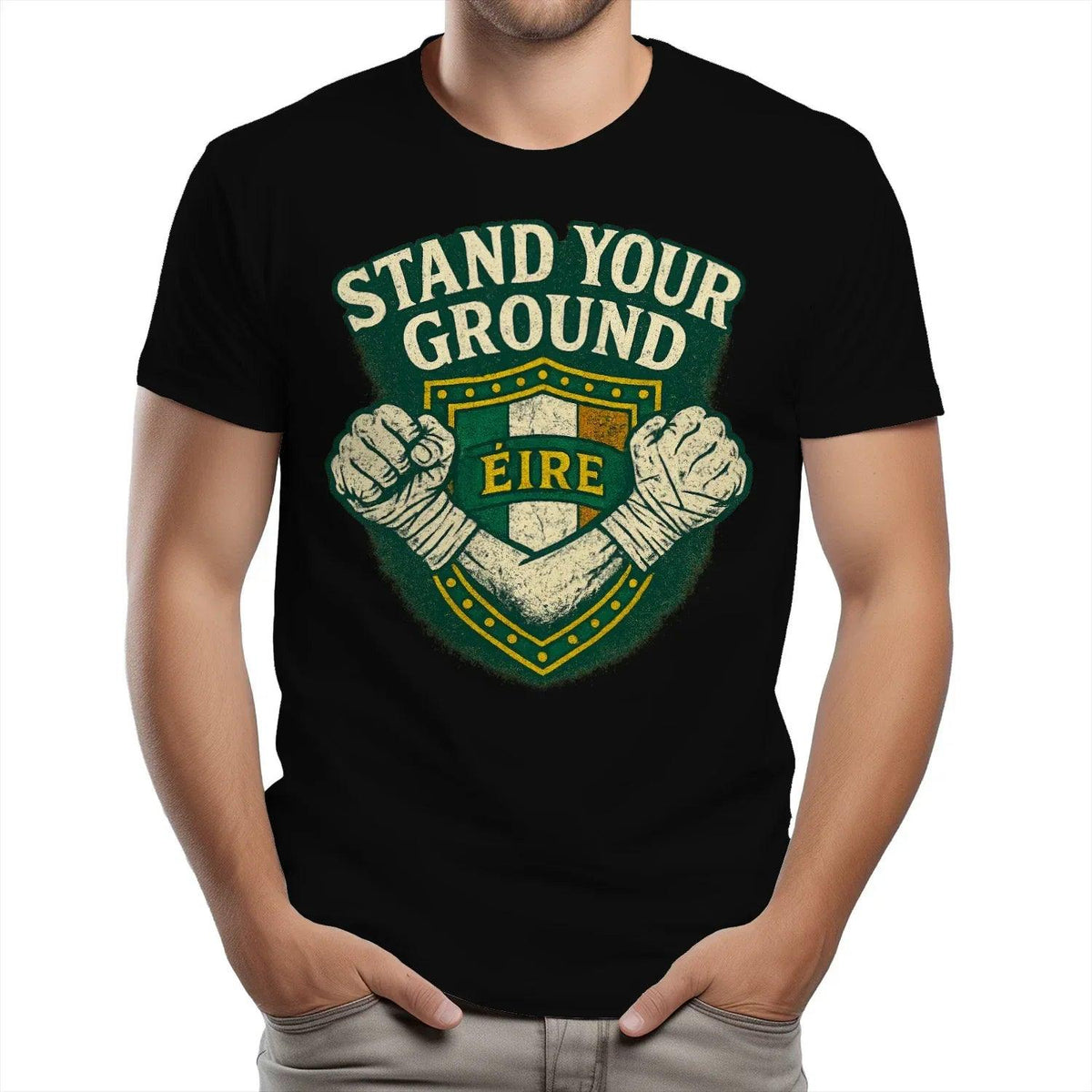 Heavy cotton T-shirt in black featuring large green shield graphic on the front