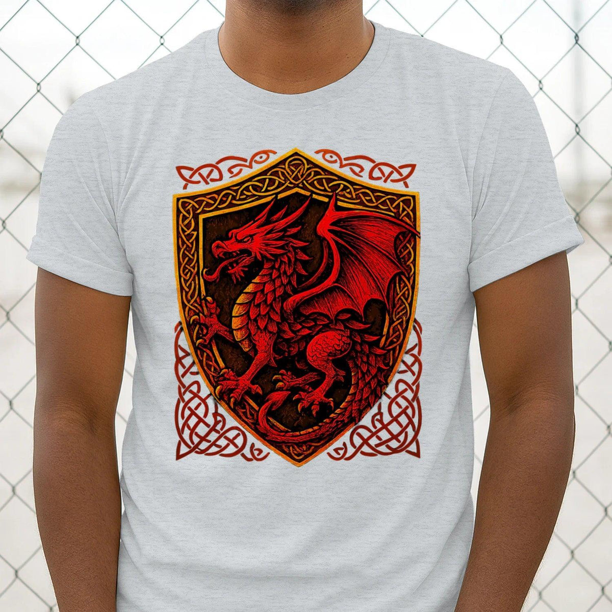 Light gray cotton T-shirt with red dragon shield crest front print