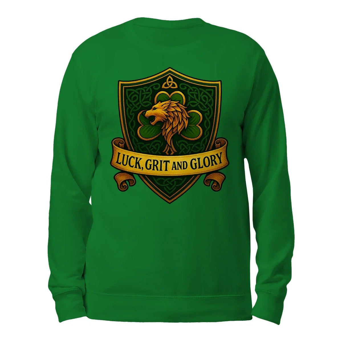 Green crewneck sweatshirt, back view with green and gold Celtic lion crest graphic