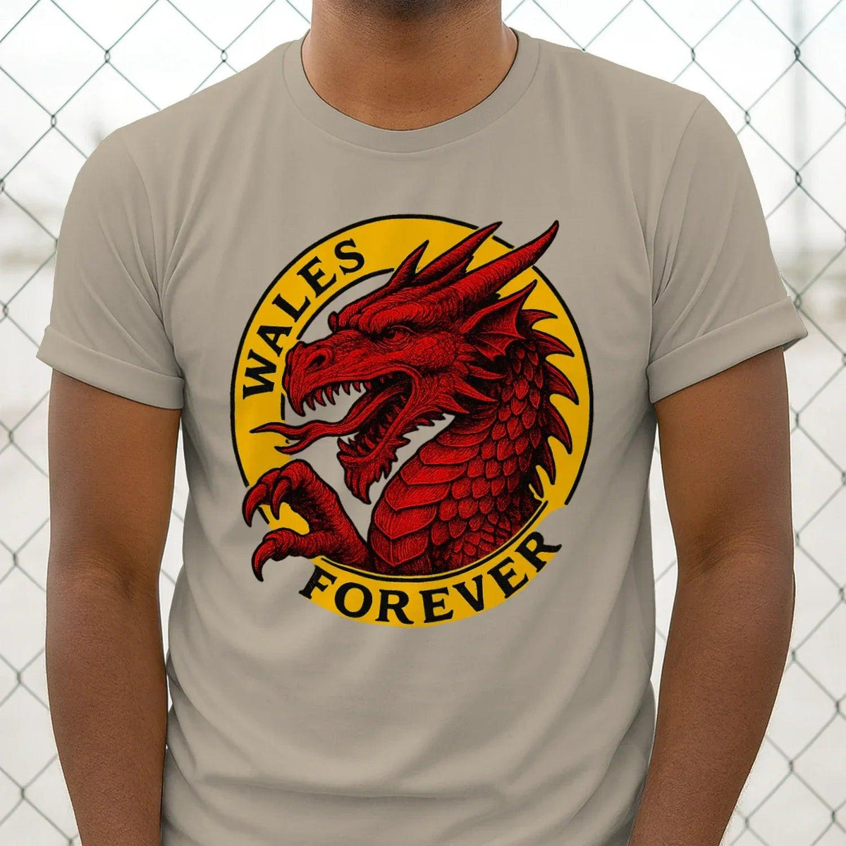 Sand-colored cotton T-shirt with red dragon and “Wales Forever” chest graphic
