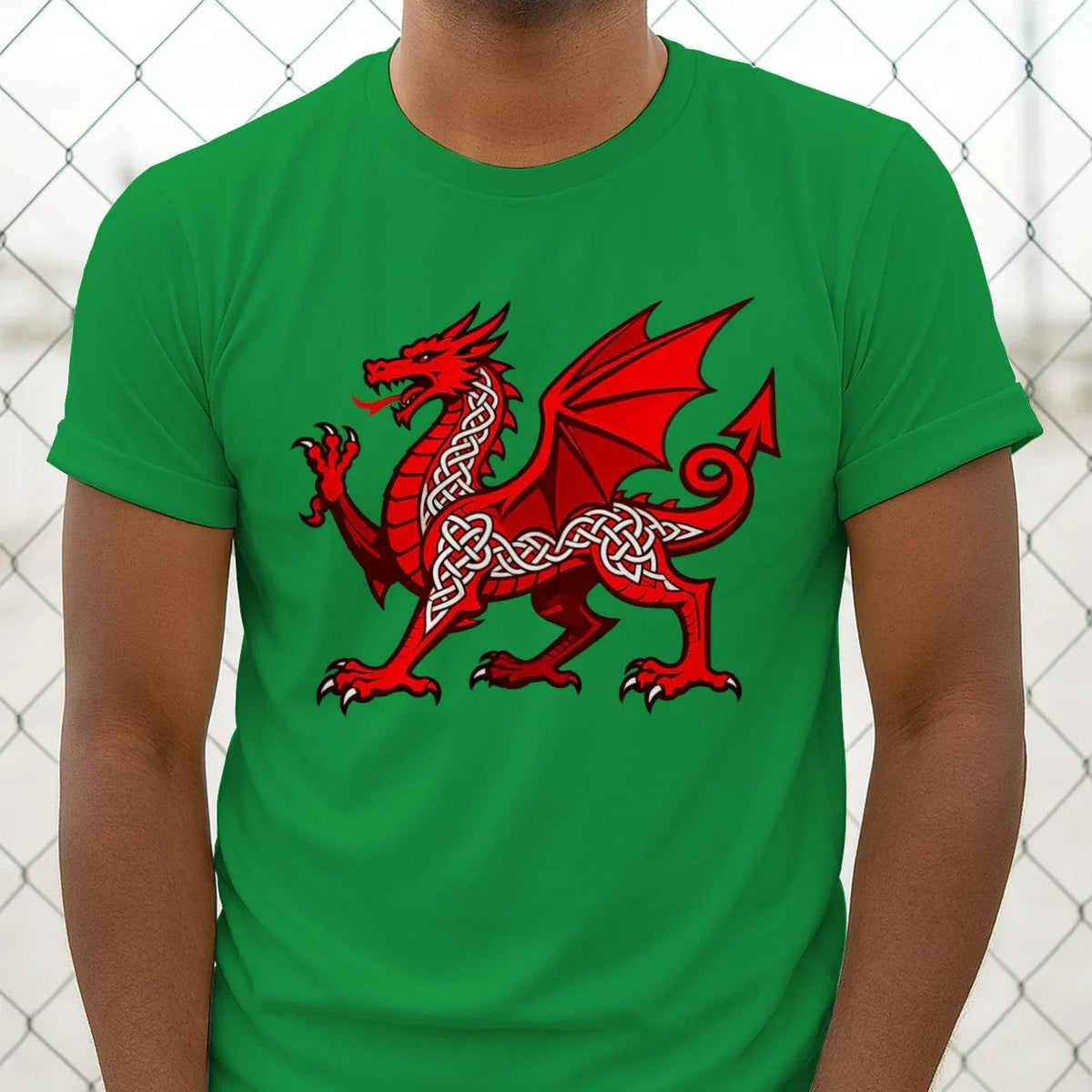 Green t-shirt front with centered red dragon celtic knotwork graphic