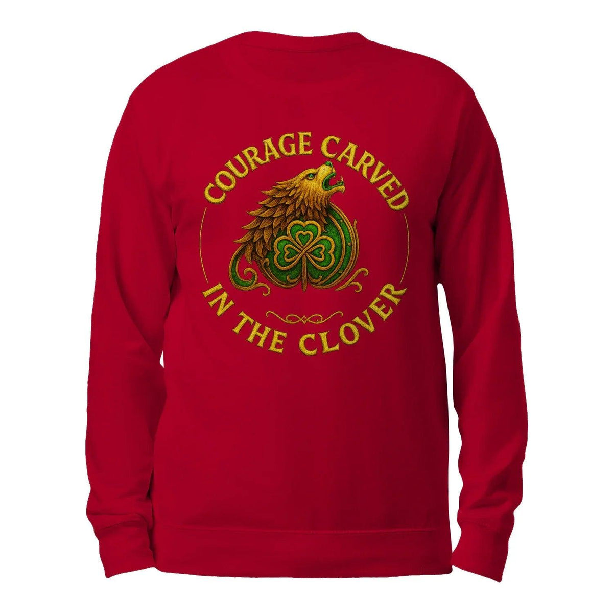 Red hoodie with clover bird "Courage Carved In The Clover" emblem