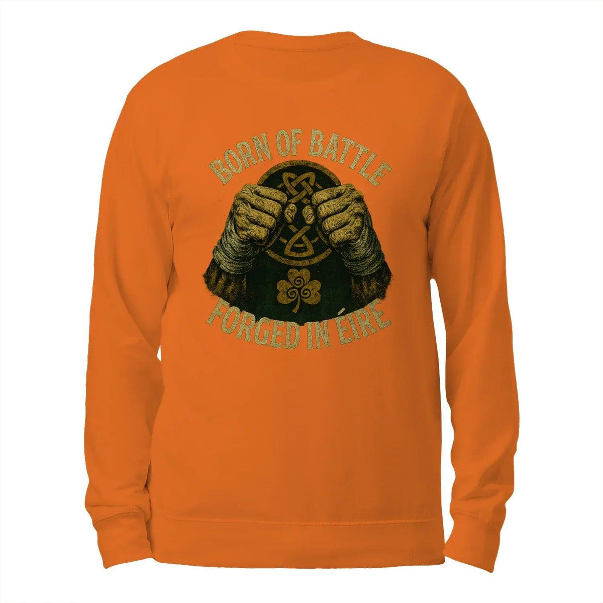 Orange crewneck sweatshirt with back centered gold “Born of Battle” graphic
