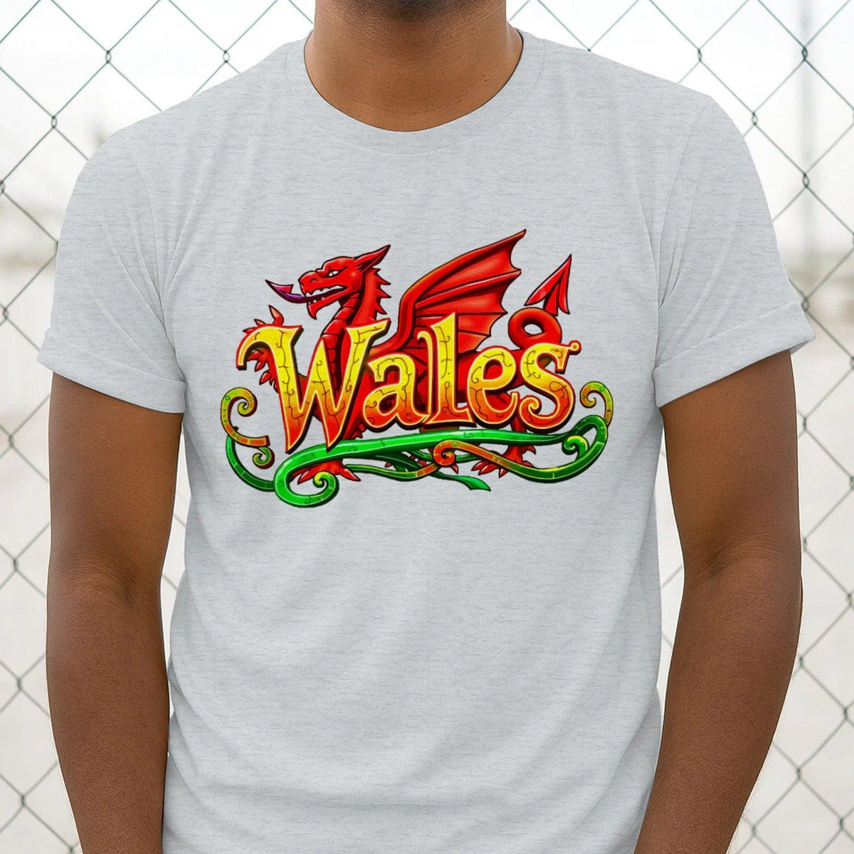Men's graphic cotton T-shirt, light gray with Wales dragon logo on chest
