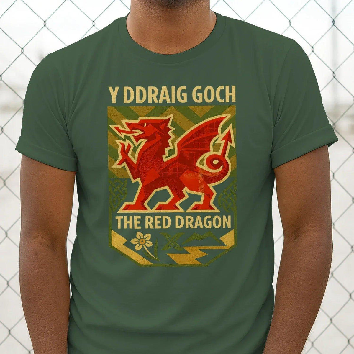 Green short-sleeve T-shirt featuring red dragon emblem graphic on chest.