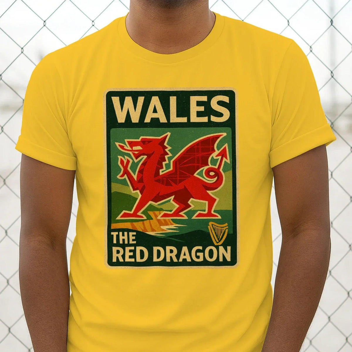 Yellow Wales Red Dragon crest T-shirt, crew neck, short sleeves (close view)
