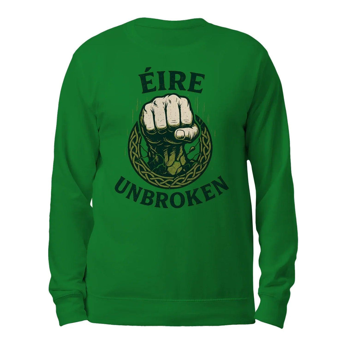 Green cotton sweatshirt, crewneck; large back print with fist and Celtic globe graphic