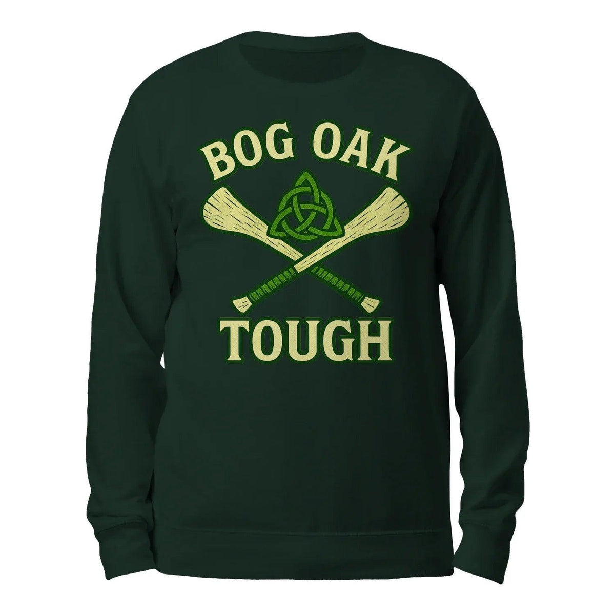 Forest green crewneck sweatshirt with green 'BOG OAK TOUGH' celtic axe design