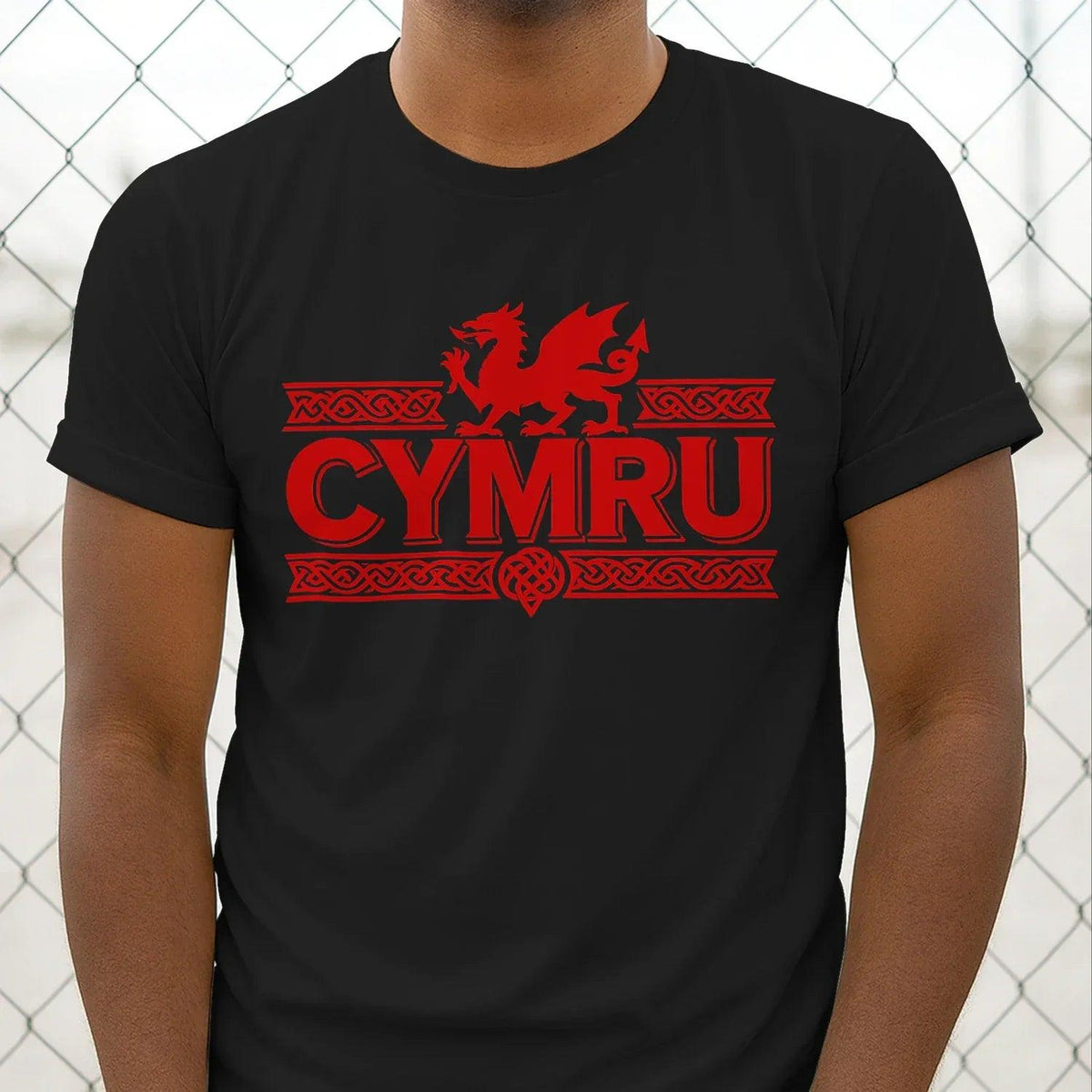 Black T-shirt with red “CYMRU” text and dragon crest graphic on chest