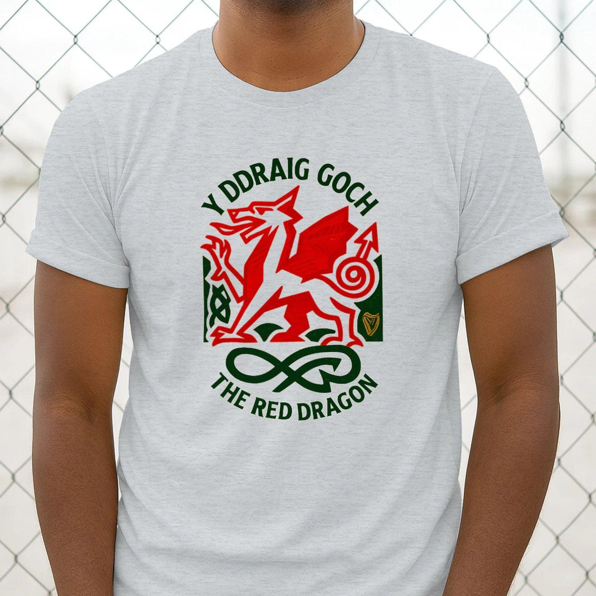 Light grey Wales dragon T-shirt with bold red dragon crest and green accents