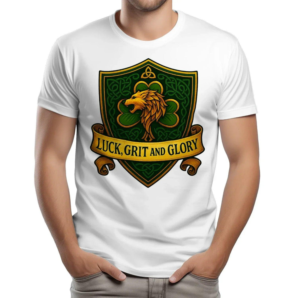 White heavy T-shirt with lion crest graphic on front, 'LUCK, GRIT AND GLORY' text.
