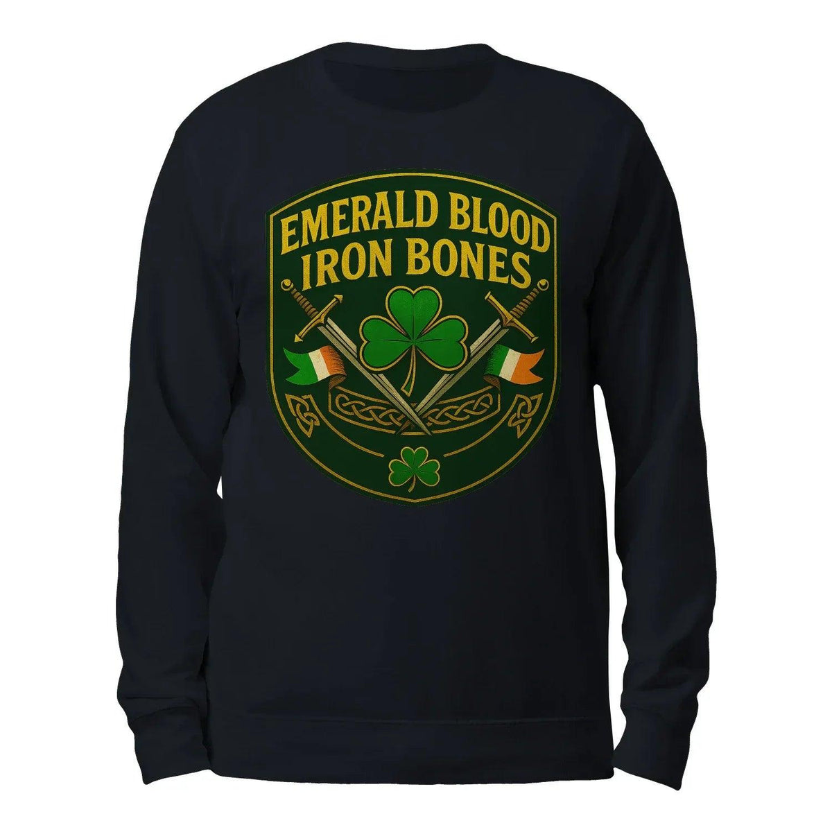 Dark navy sweatshirt, back view, shield graphic with clover and crossed bones