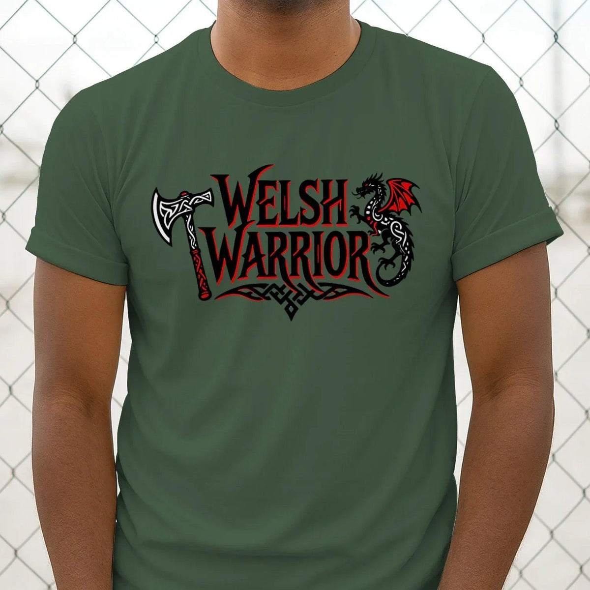 Unisex T-shirt in deep green with Welsh Warrior axe and dragon graphic, crew neck