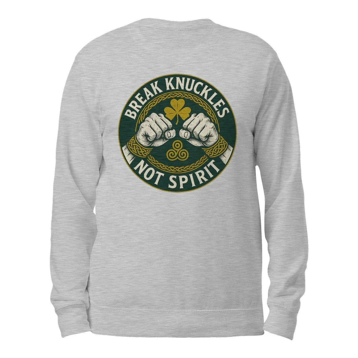 Heather gray crewneck sweatshirt with back circular logo graphic of fists