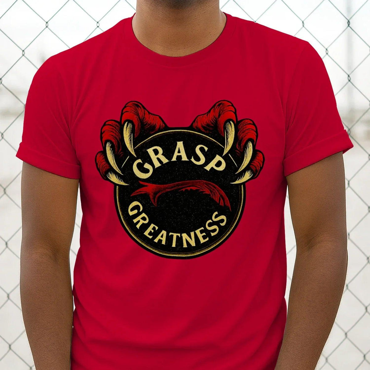 Red crew-neck T-shirt with centered chest emblem graphic