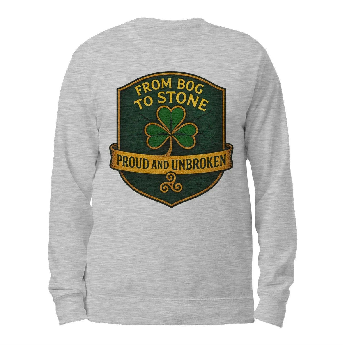 Heather gray sweatshirt with clover badge graphic on back, long sleeves