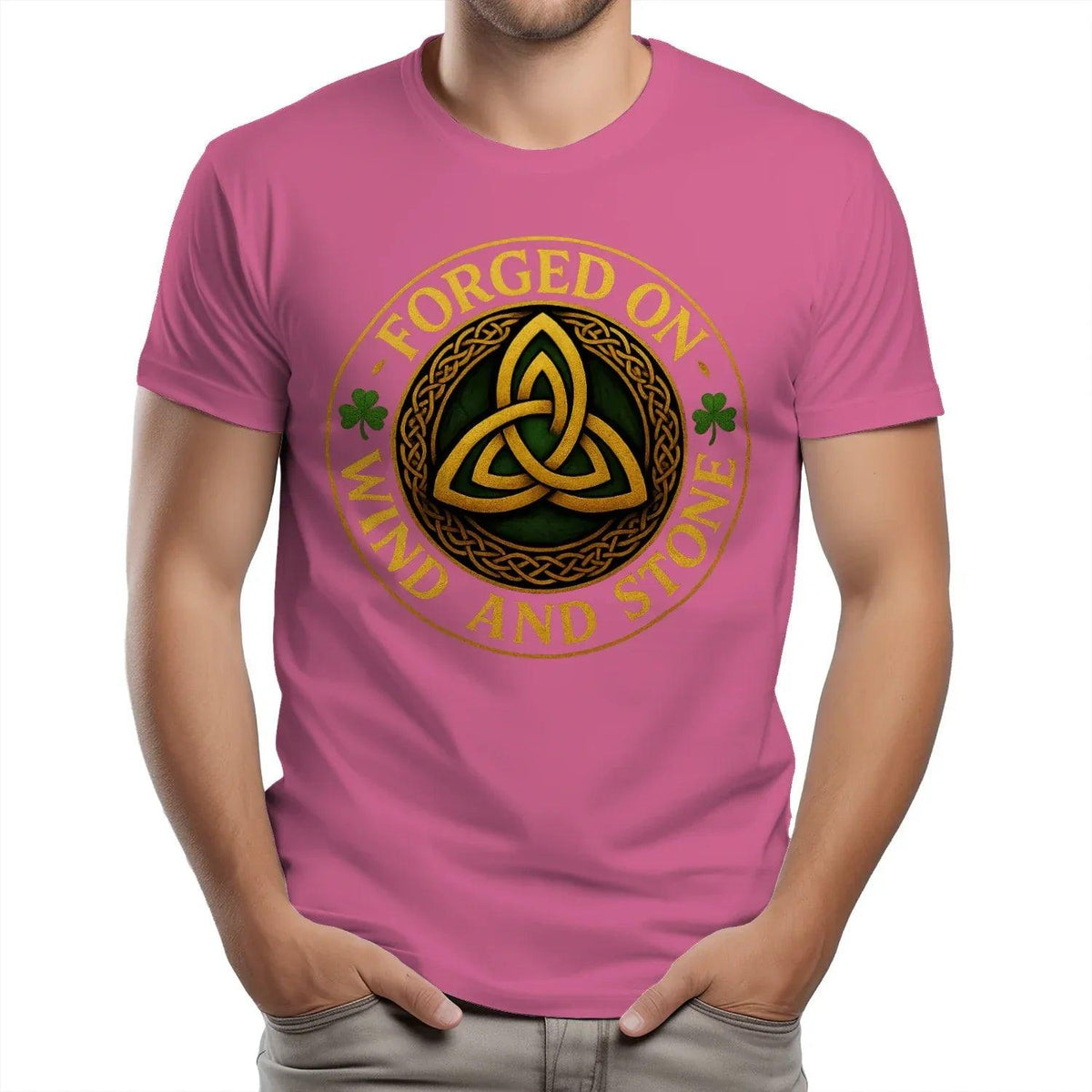 Rose pink T-shirt with large circular Celtic knot logo graphic on the chest