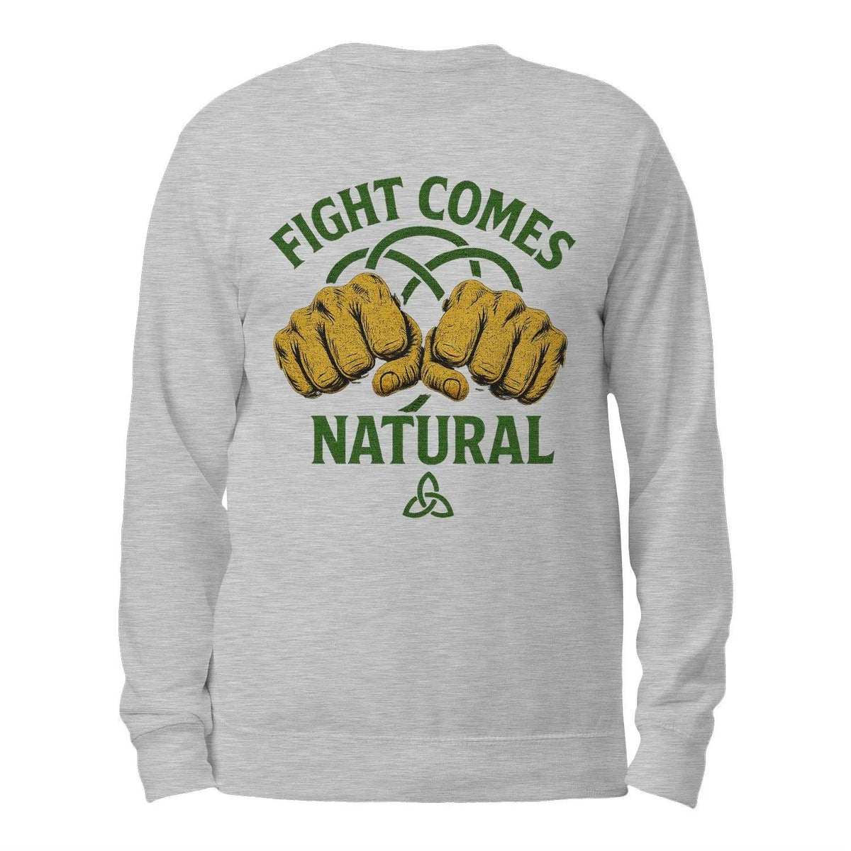 Heather gray sweatshirt back with green text and boxing gloves graphic