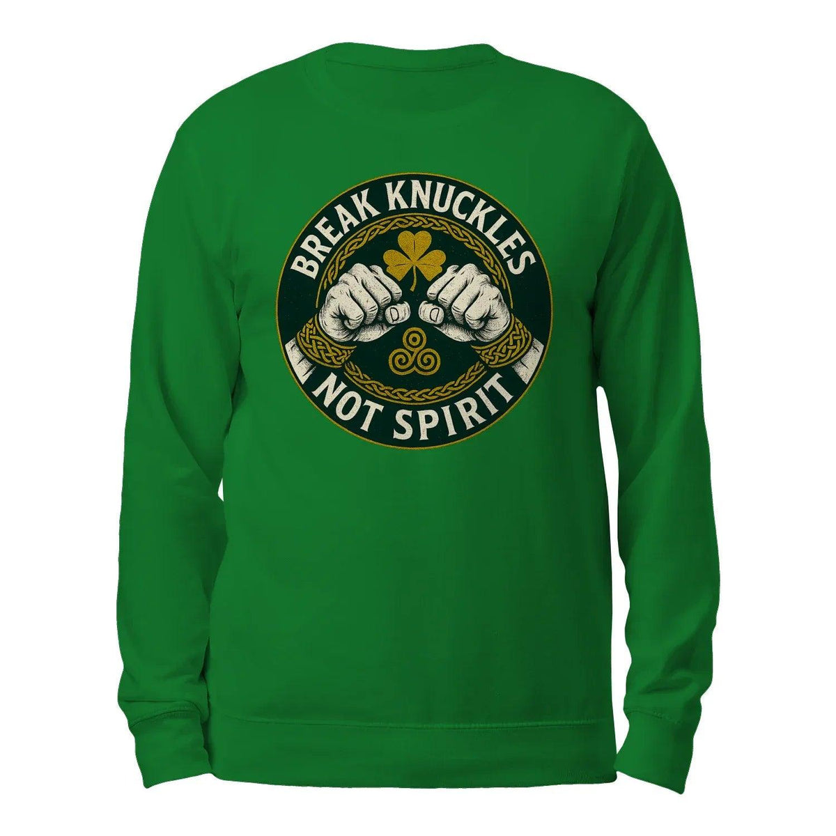 Forest green crewneck sweatshirt with back 'Break Knuckles Not Spirit' emblem graphic