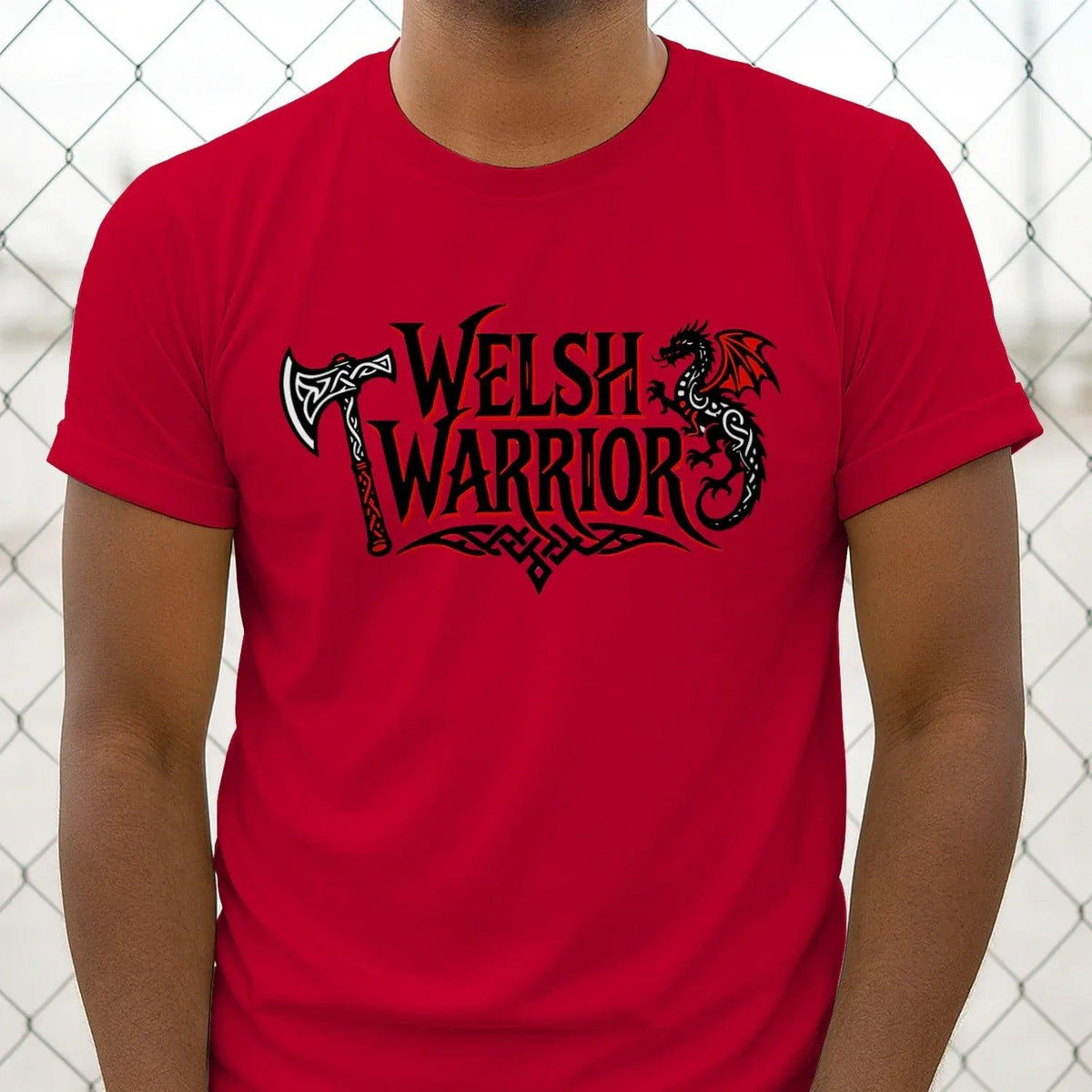 Unisex T-shirt in red with Welsh Warrior axe and dragon graphic, crew neck