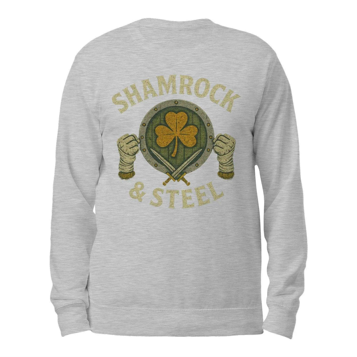 Heather grey crewneck sweatshirt back with Shamrock & Steel graphic, long sleeves