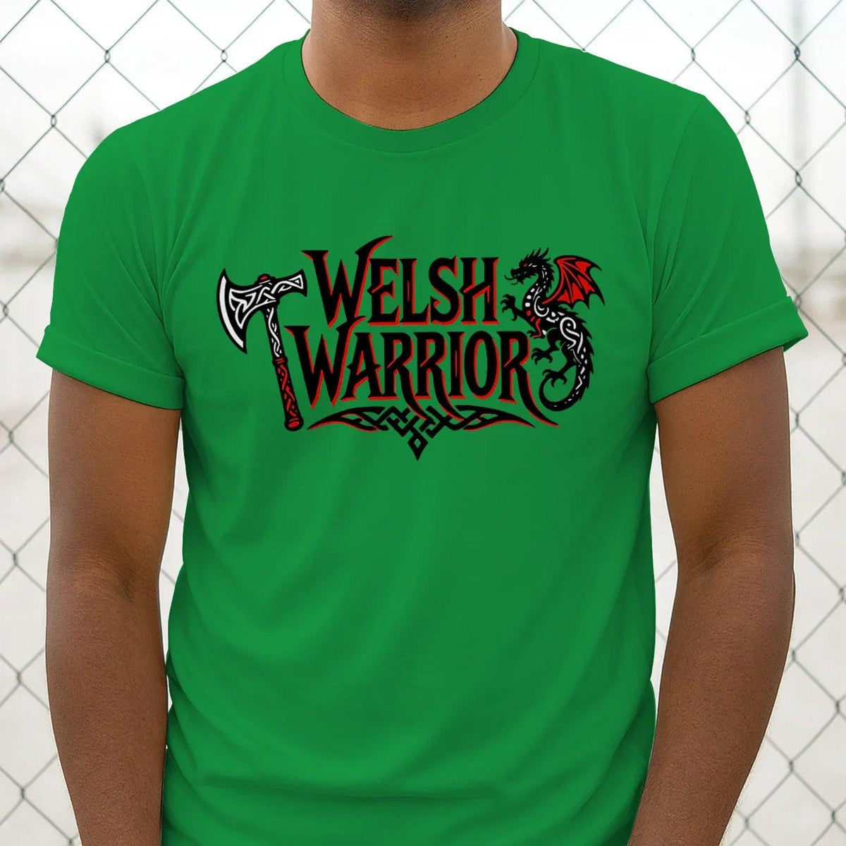 Unisex graphic t-shirt, dark green, crew neck, Welsh Warrior logo front graphic