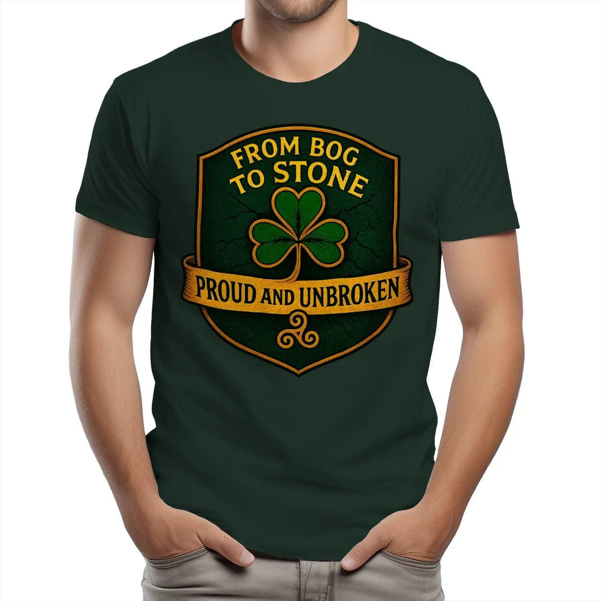Forest green T-shirt with clover shield graphic on the chest, crew neck, short sleeves