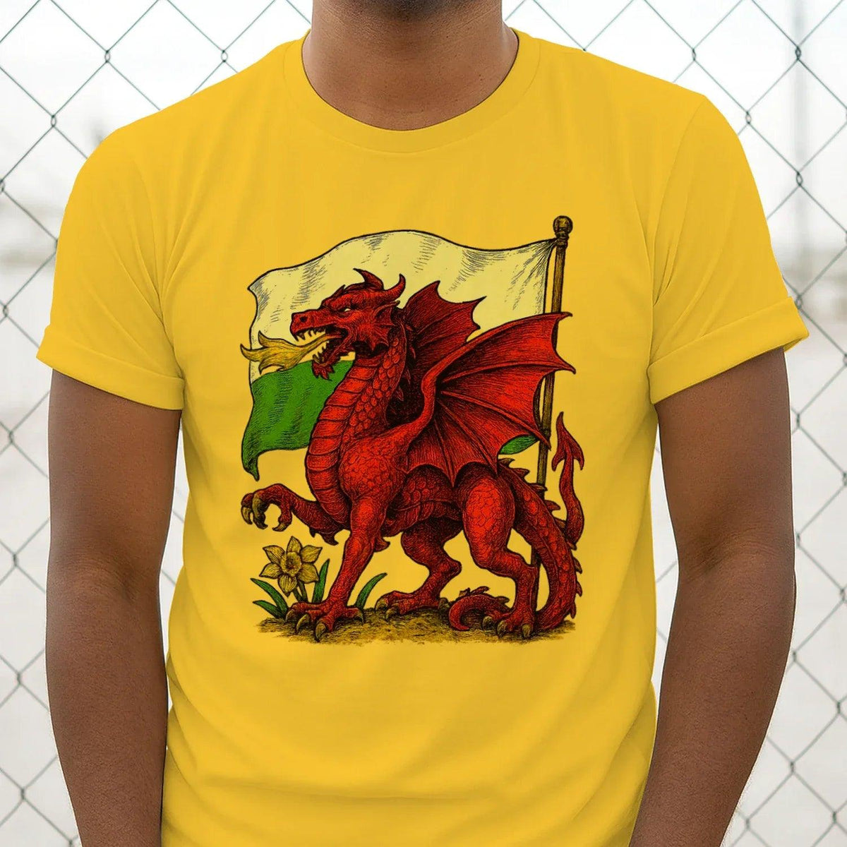 Men's classic graphic t-shirt, yellow; red dragon with Wales flag design on chest