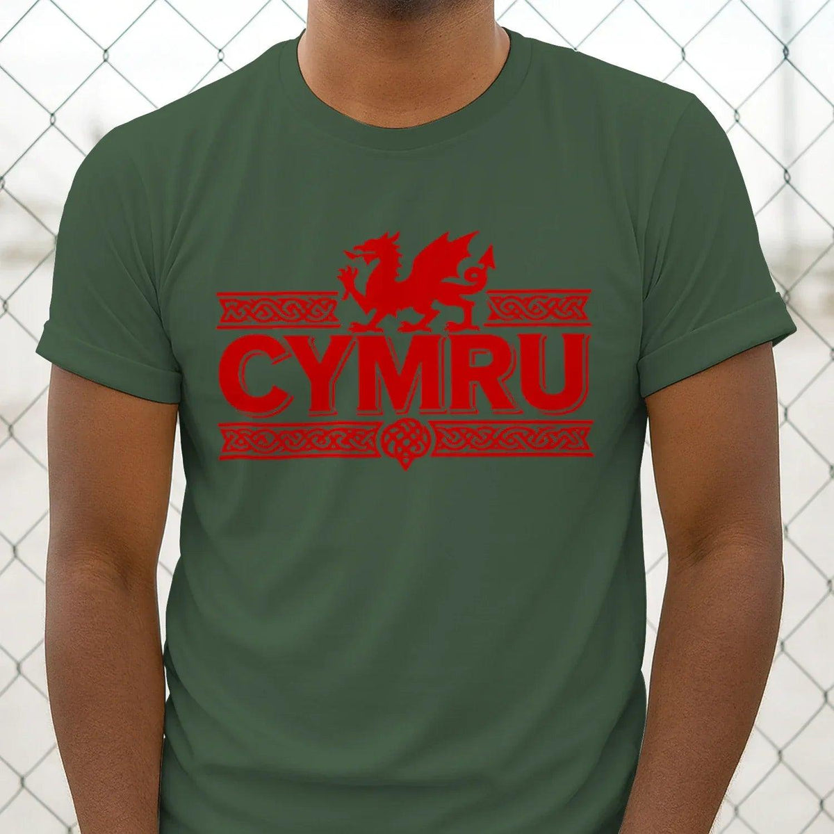 Deep green T-shirt with red dragon and CYMRU front print