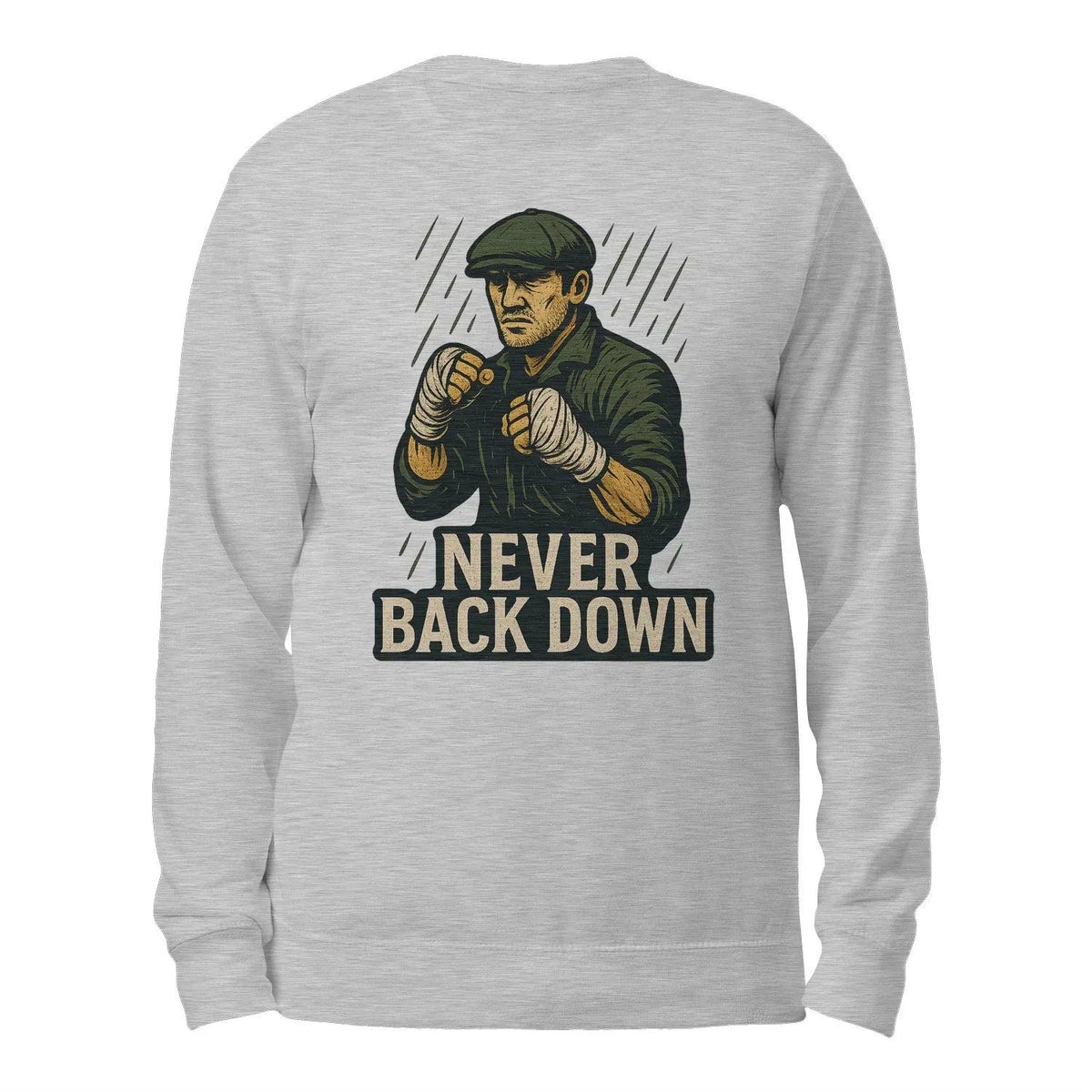 Heather grey crewneck sweatshirt with back “NEVER BACK DOWN” warrior graphic