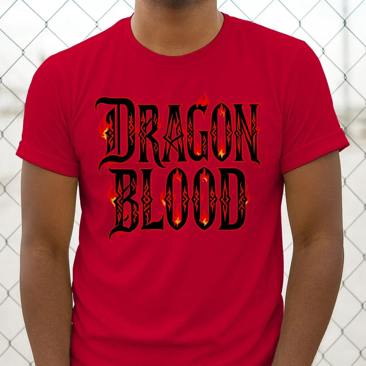 Red unisex t-shirt with black DRAGON BLOOD text and flame graphic centered