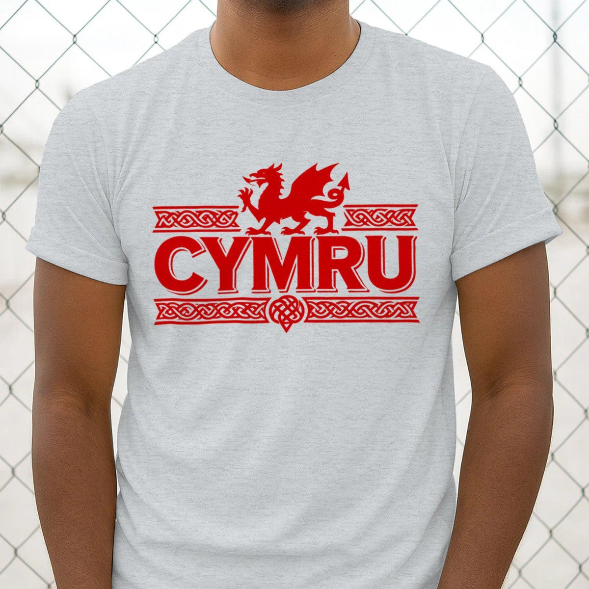 Light gray T-shirt with red “CYMRU” graphic and dragon emblem centered on front