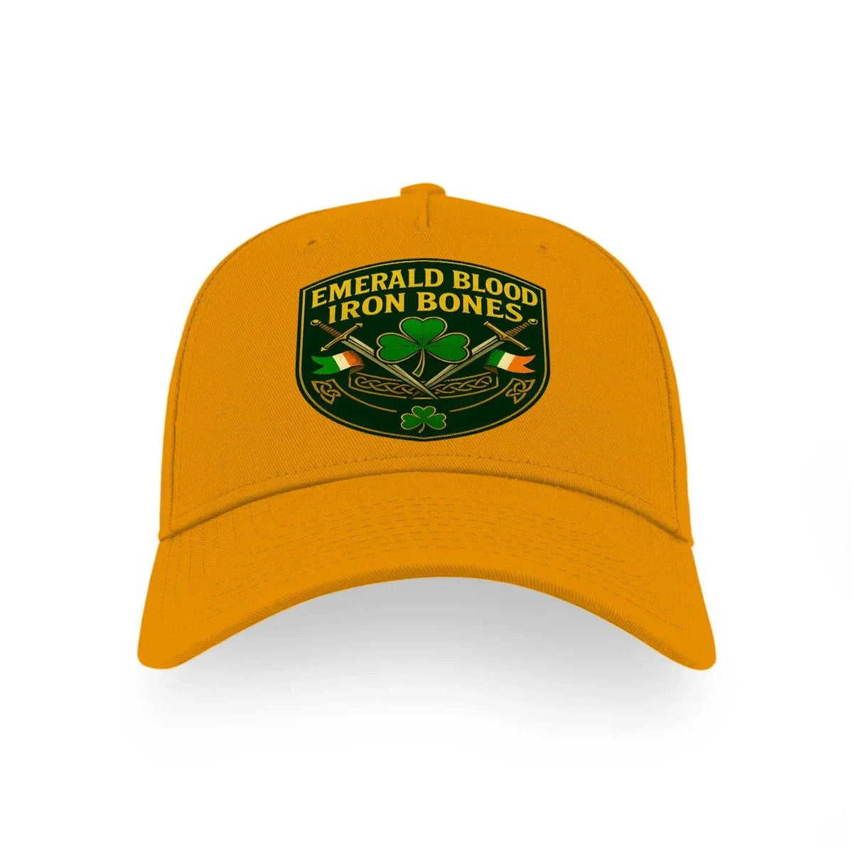 Yellow sports cap with 'Emerald Blood Iron Bones' front logo.