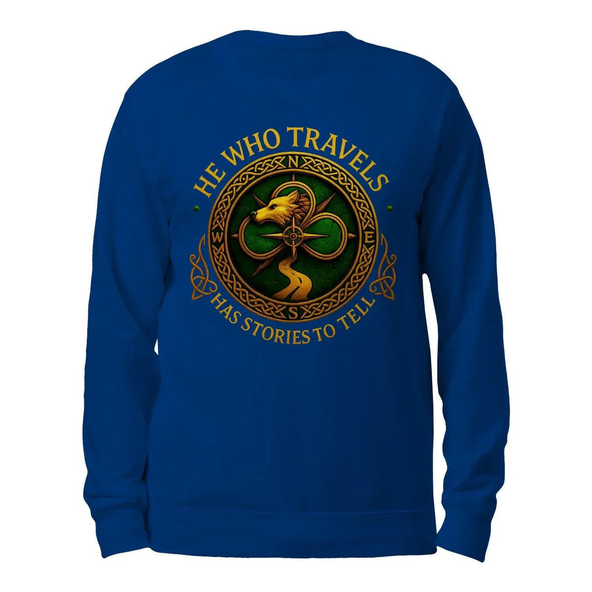 Royal blue crewneck sweatshirt with front traveler emblem graphic in gold and brown.