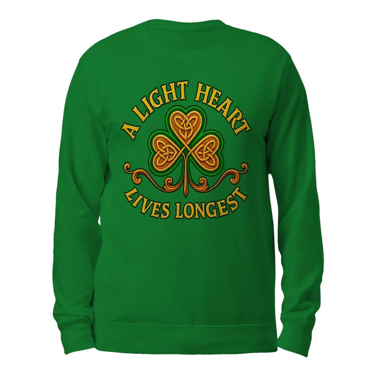 Green sweatshirt with back clover graphic and slogan text, crew neck long sleeves