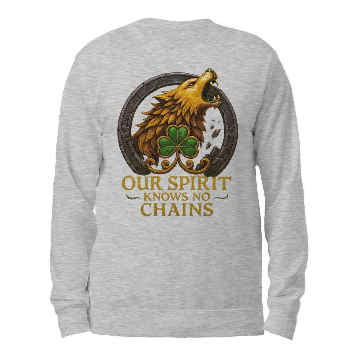 Heather gray sweatshirt with rear graphic of yellow wolf and clover, long sleeves