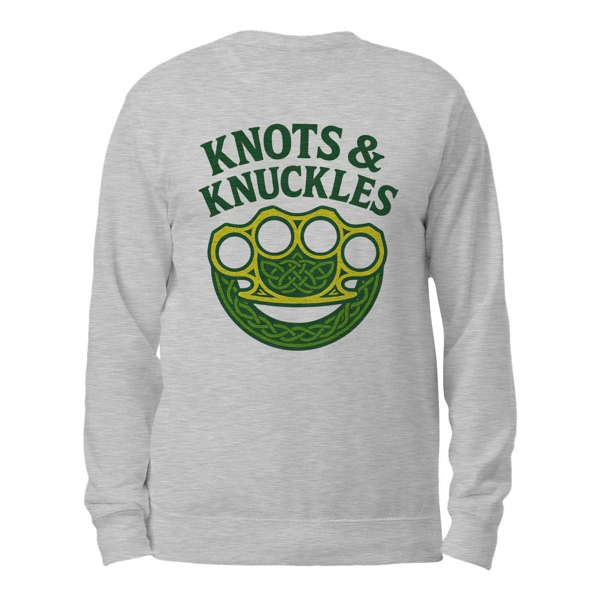 Heather gray crewneck sweatshirt with green Celtic knot graphic on the back