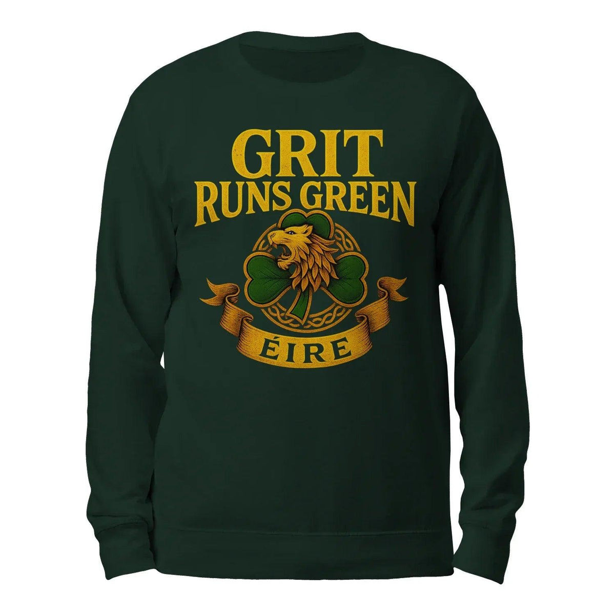 Irish dark green crewneck sweatshirt with “GRIT RUNS GREEN” graphic on back