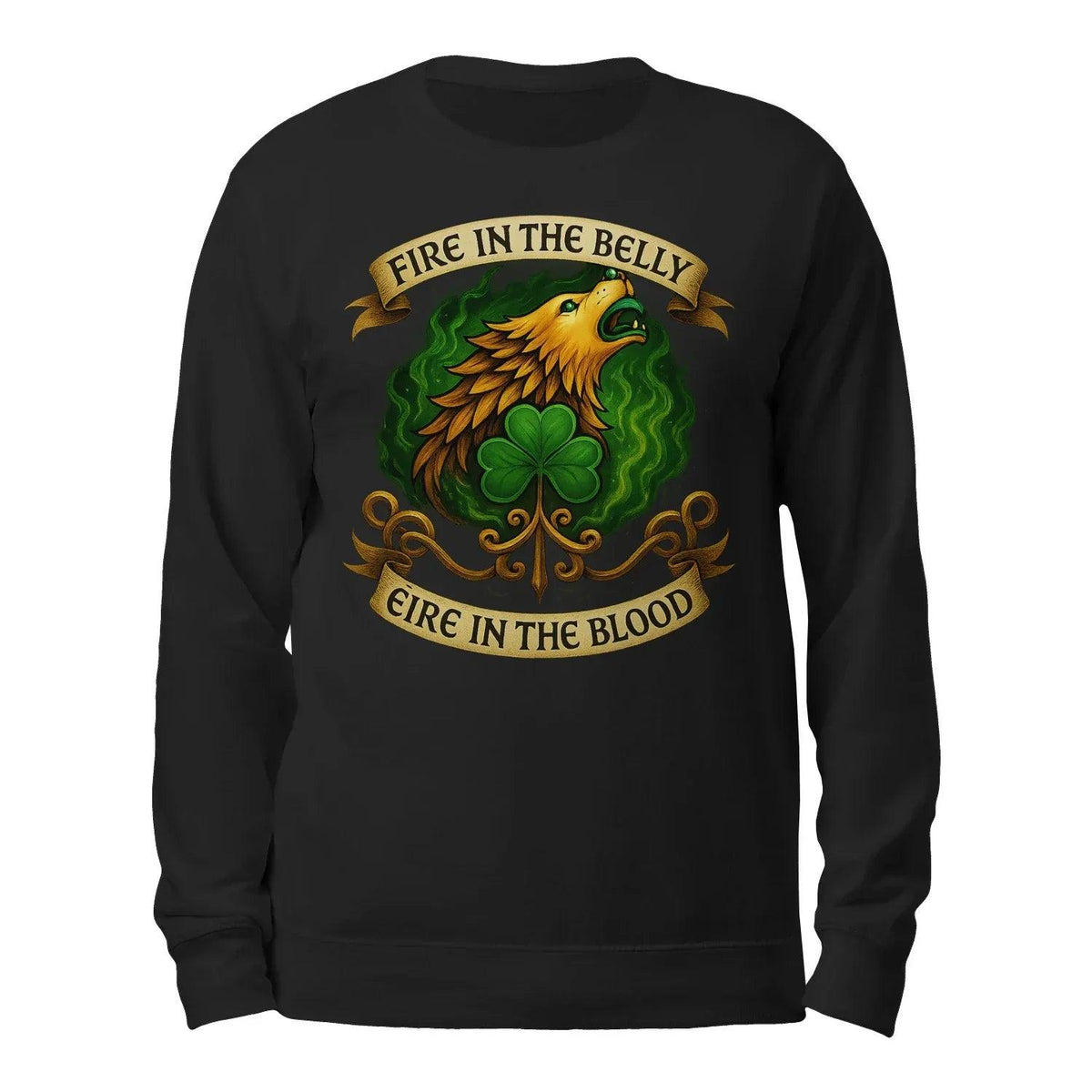 Black pullover sweatshirt, back view, rooster-clover graphic with ribbon text 'Eire in the Blood'