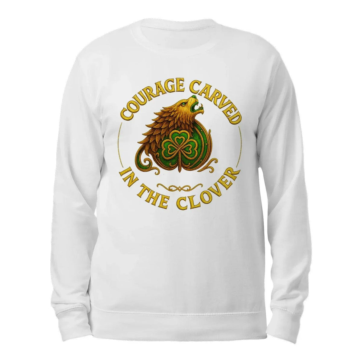 White hoodie with circular clover and horse graphic, long sleeves
